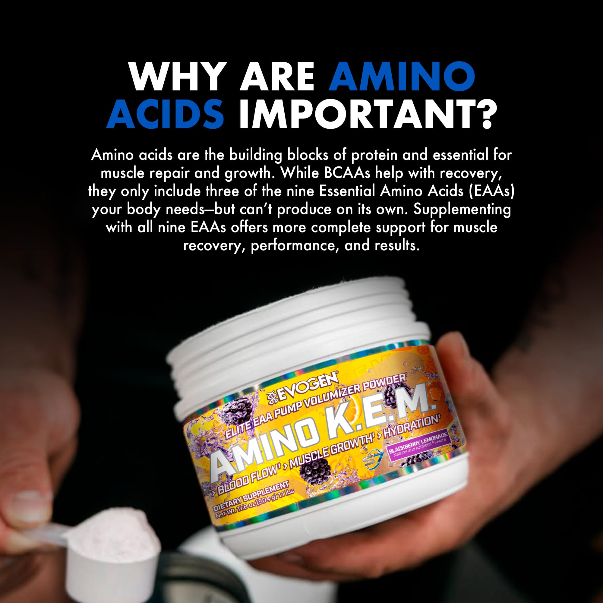 Evogen Amino K.E.M etiqueta nutricional abierta mostrando perfil de EAAs y dosis
