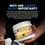 Evogen Amino K.E.M etiqueta nutricional abierta mostrando perfil de EAAs y dosis
