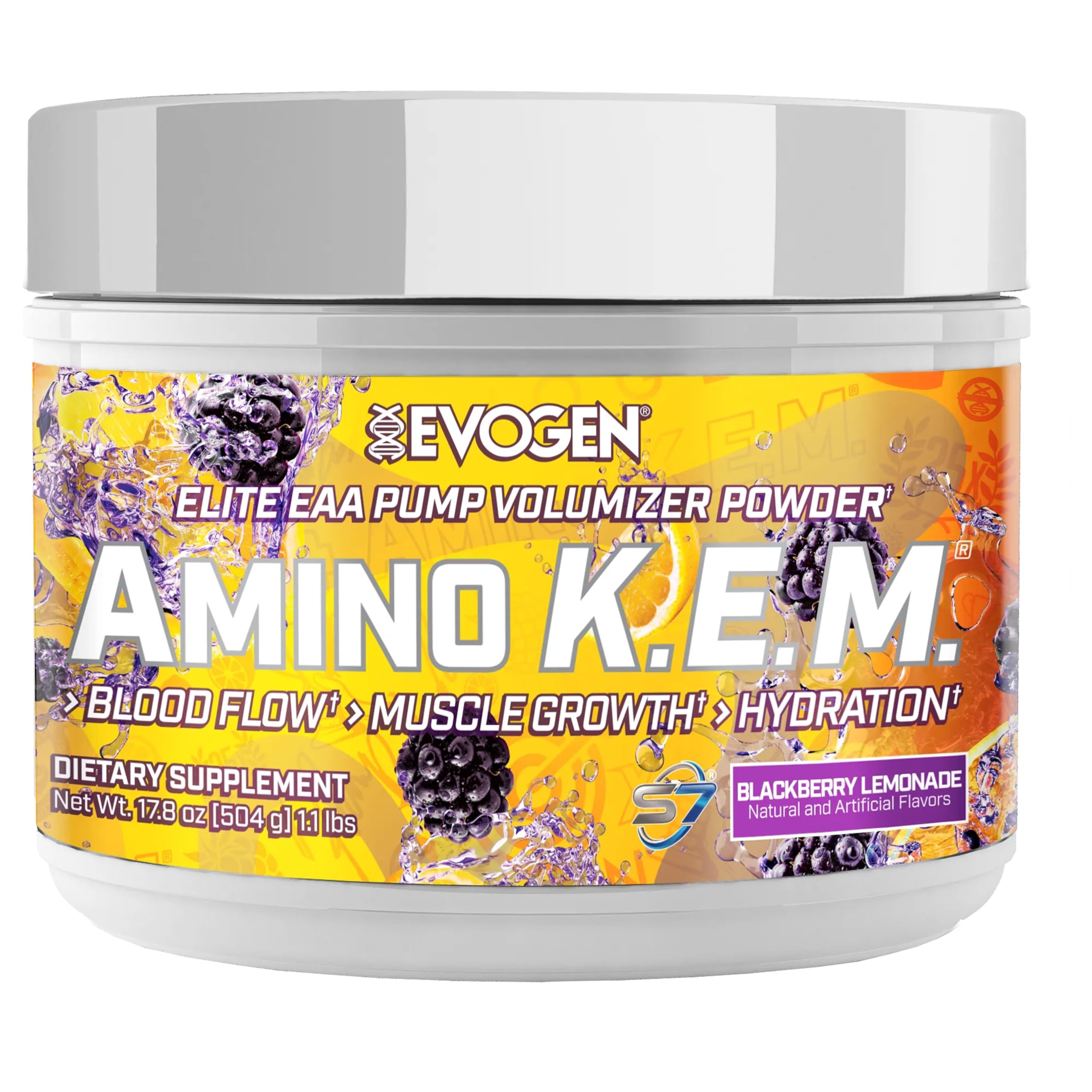 Evogen Amino K.E.M frontal del envase mostrando sabor BlackBerry Lemonade y beneficio de recuperación