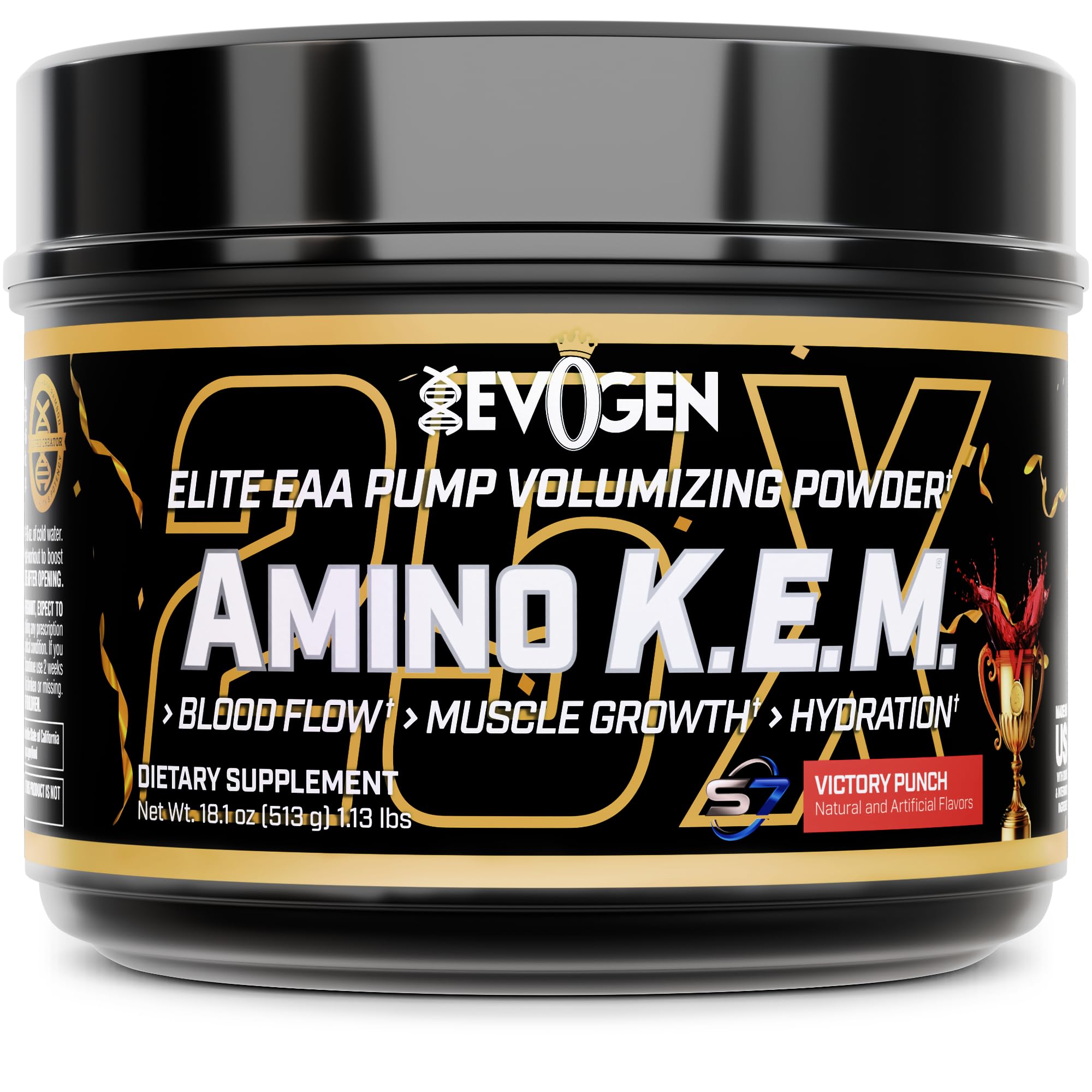 Evogen Amino K.E.M. frasco frontal mostrando etiqueta y sabor Victory Punch