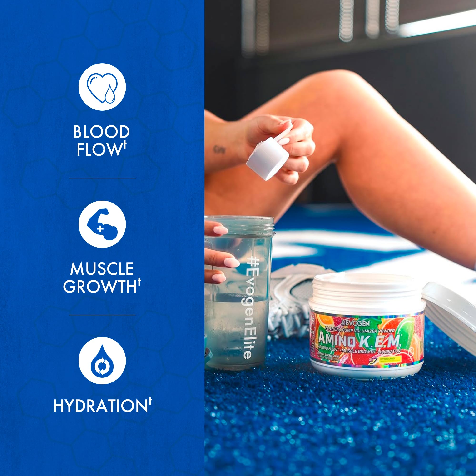 Tarro abierto Evogen Amino K.E.M. con contenido visible beneficios