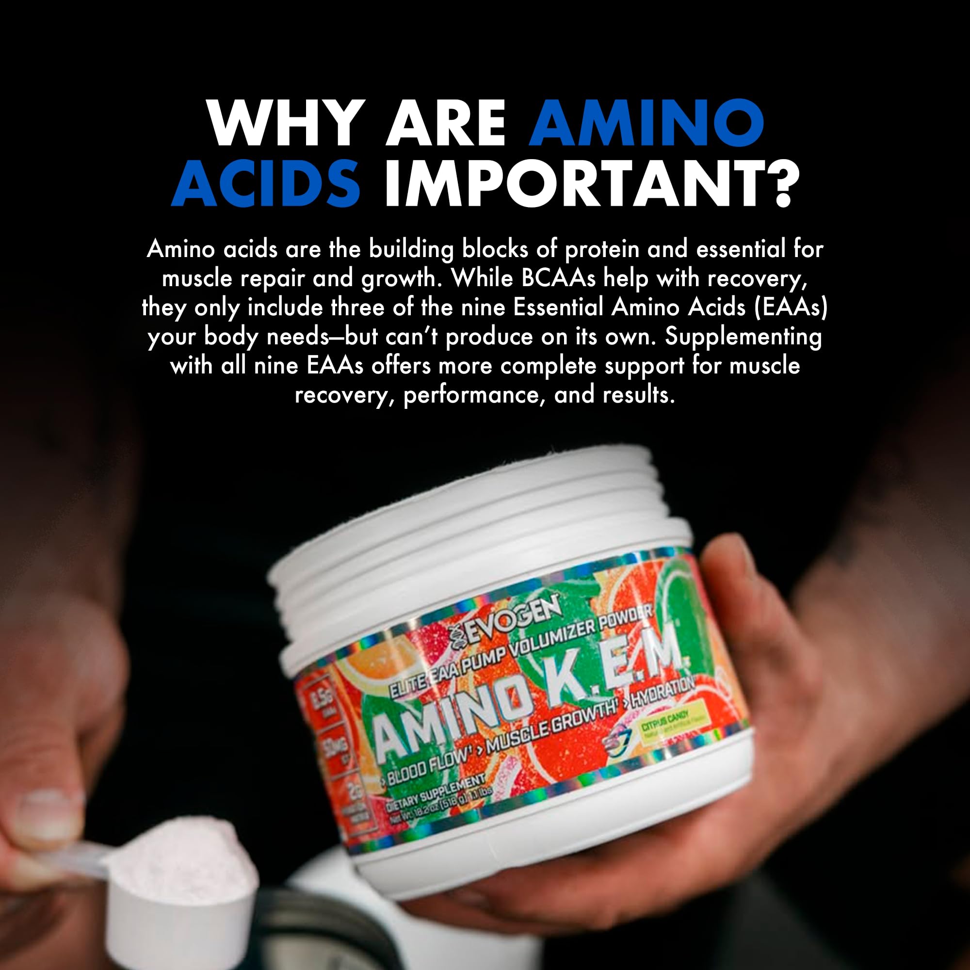 Amino K.E.M. en uso durante entrenamiento Evogen para pump visible