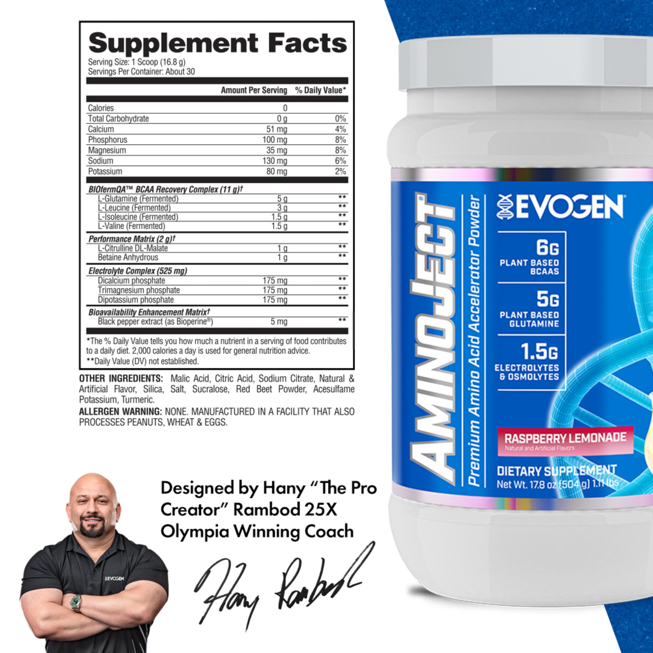 Vaso con AminoJect Evogen mezclado, bebida rosa lista para entreno y rehidratación