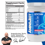 Vaso con AminoJect Evogen mezclado, bebida rosa lista para entreno y rehidratación