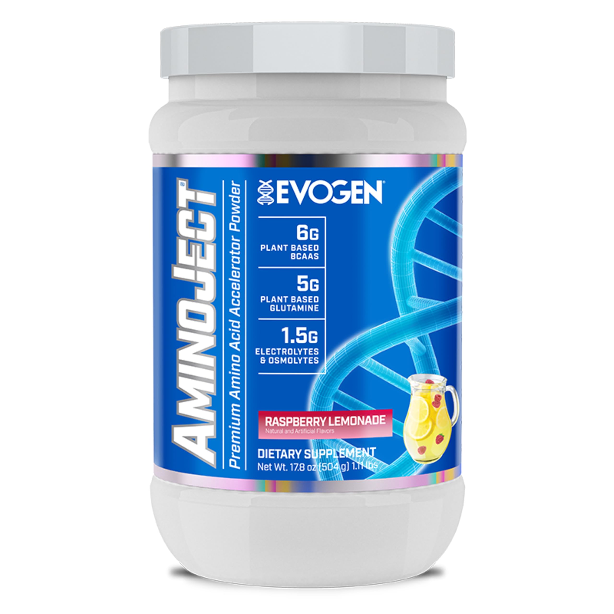 Evogen AminoJect frontal del envase mostrando diseño y sabor Raspberry Lemonade, hidratación rápida
