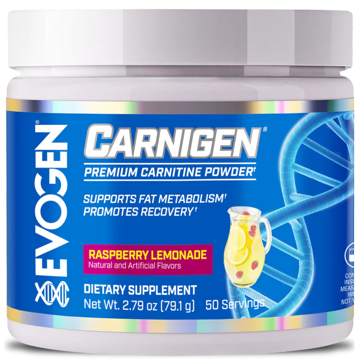 Evogen Carnigen envase frontal, claro y llamativo, muestra sabor Raspberry Lemonade y beneficios