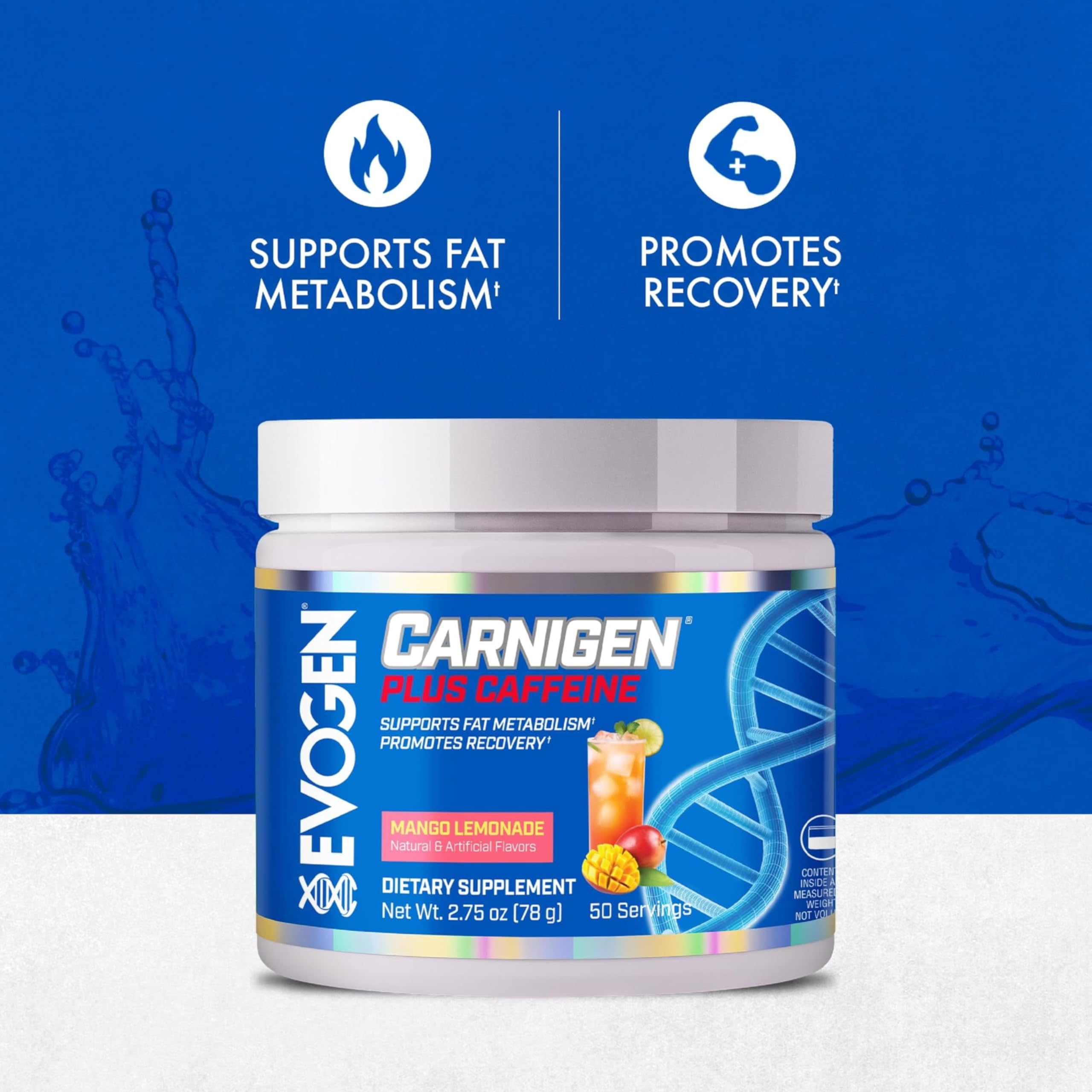 Evogen Carnigen polvo textura cercana, mezcla homogénea y solubilidad rápida