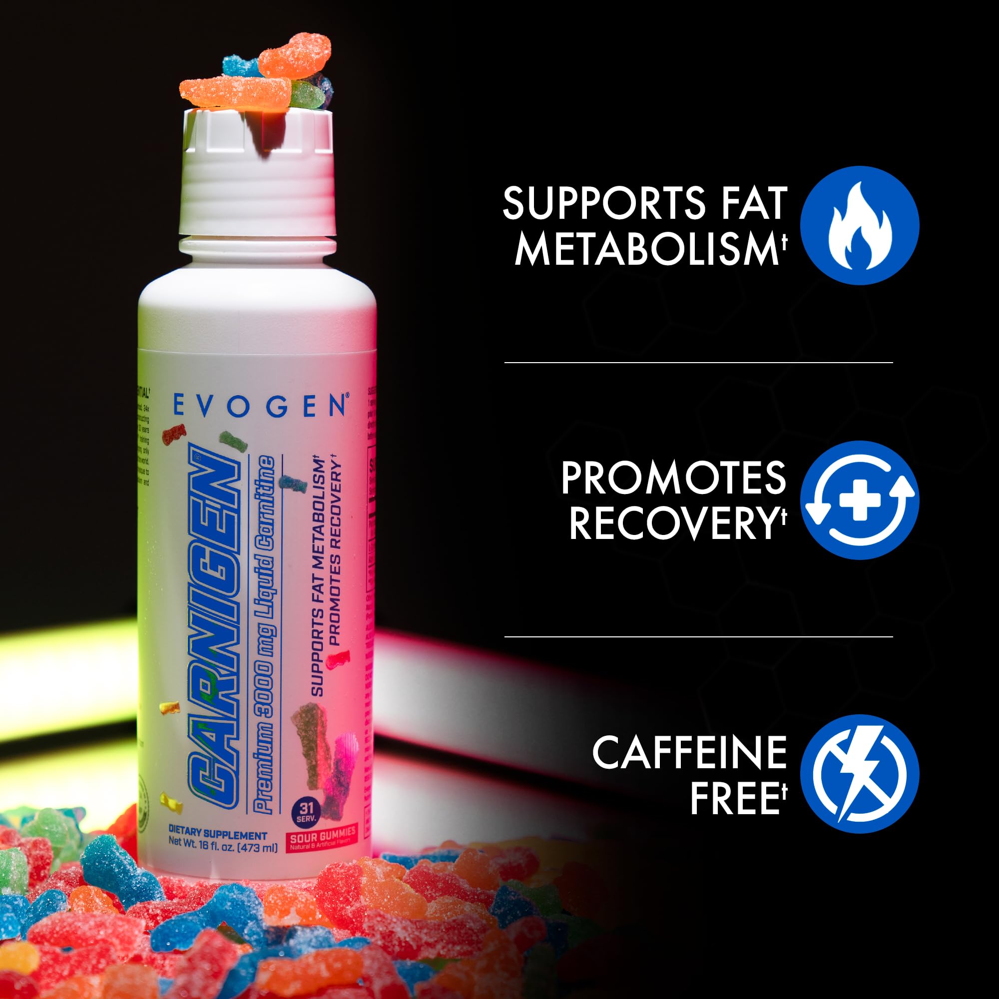 Evogen Carnigen detalle de textura líquida para absorción rápida y sabor