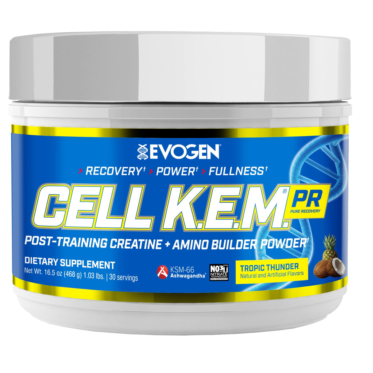 Evogen Cell K.E.M. PR V.2 frontal del envase mostrando el sabor Tropic Thunder y beneficios