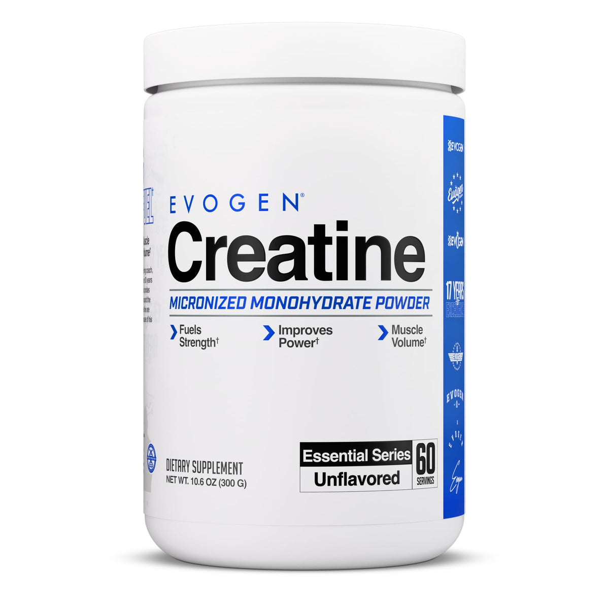 Evogen creatine frasco frontal mostrando la presentación clara y profesional