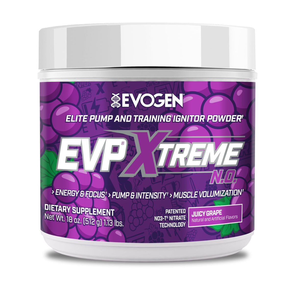 Evogen envase frontal mostrando diseño y sabor uva, beneficio visibilidad de marca