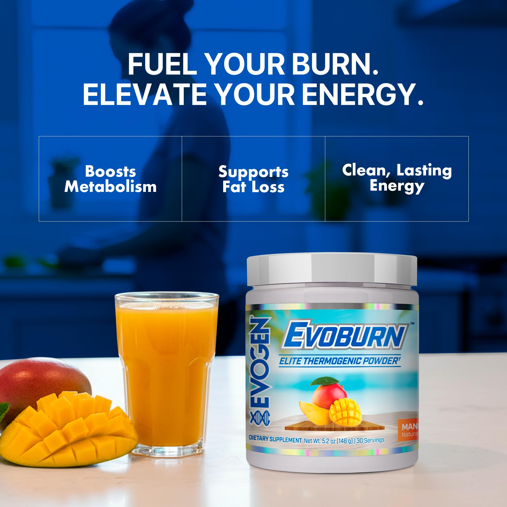 Evogen Evoburn con insignias de MitoBurn y BioPerine, apoyo metabólico visible