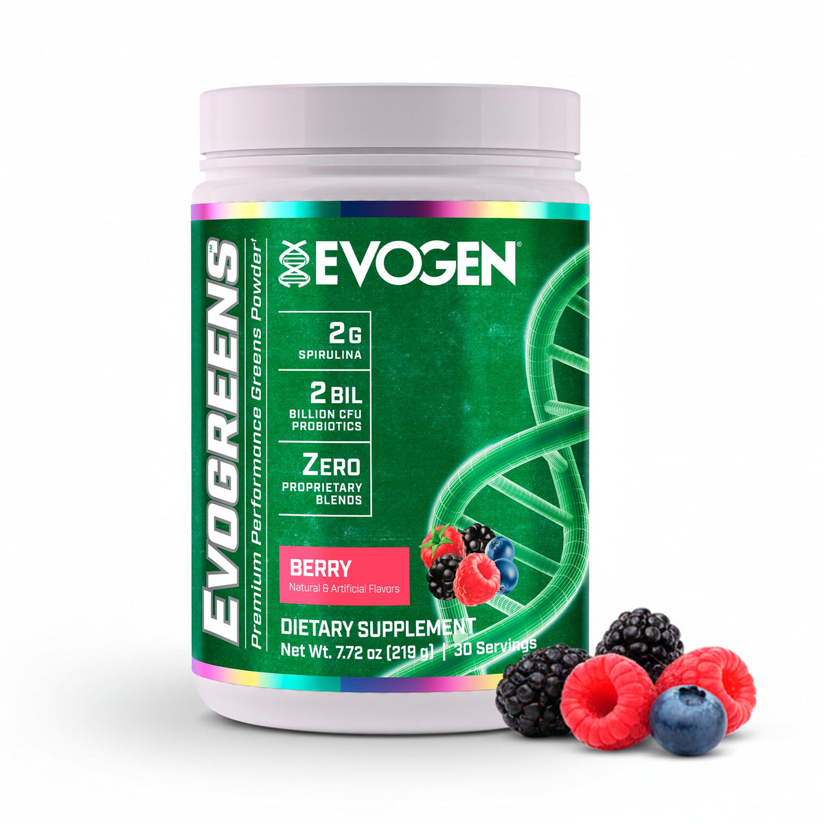 Evogen Evogreens frente del envase mostrando diseño y beneficios