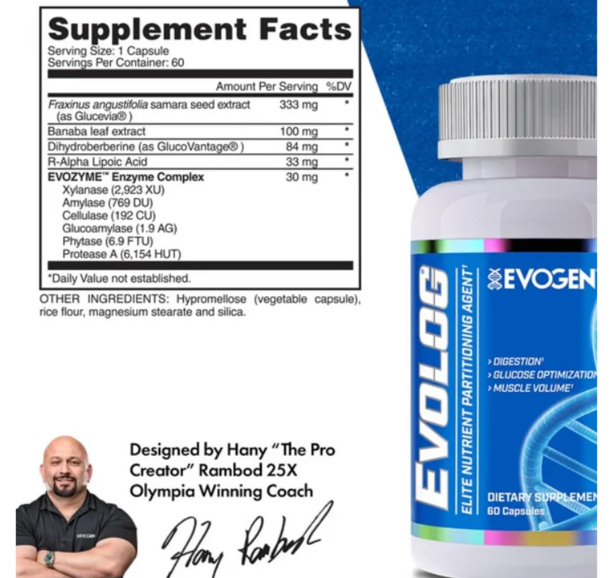 Evogen Evolog cápsula en primer plano que ilustra ingredientes y digestión optimizada