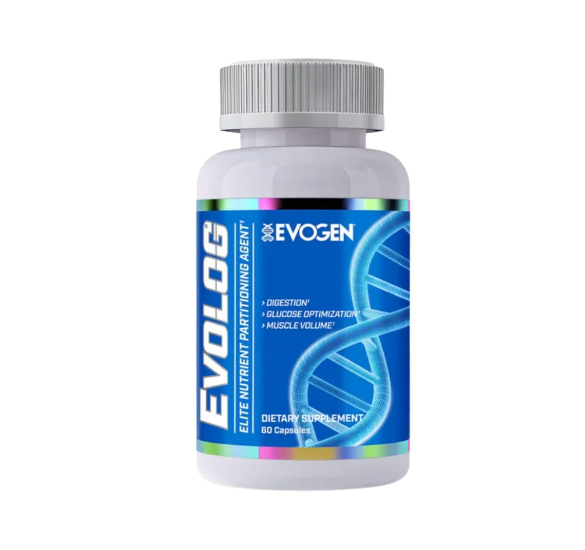 Evogen Evolog frente del empaque mostrando 60 cápsulas y beneficios de partición de nutrientes
