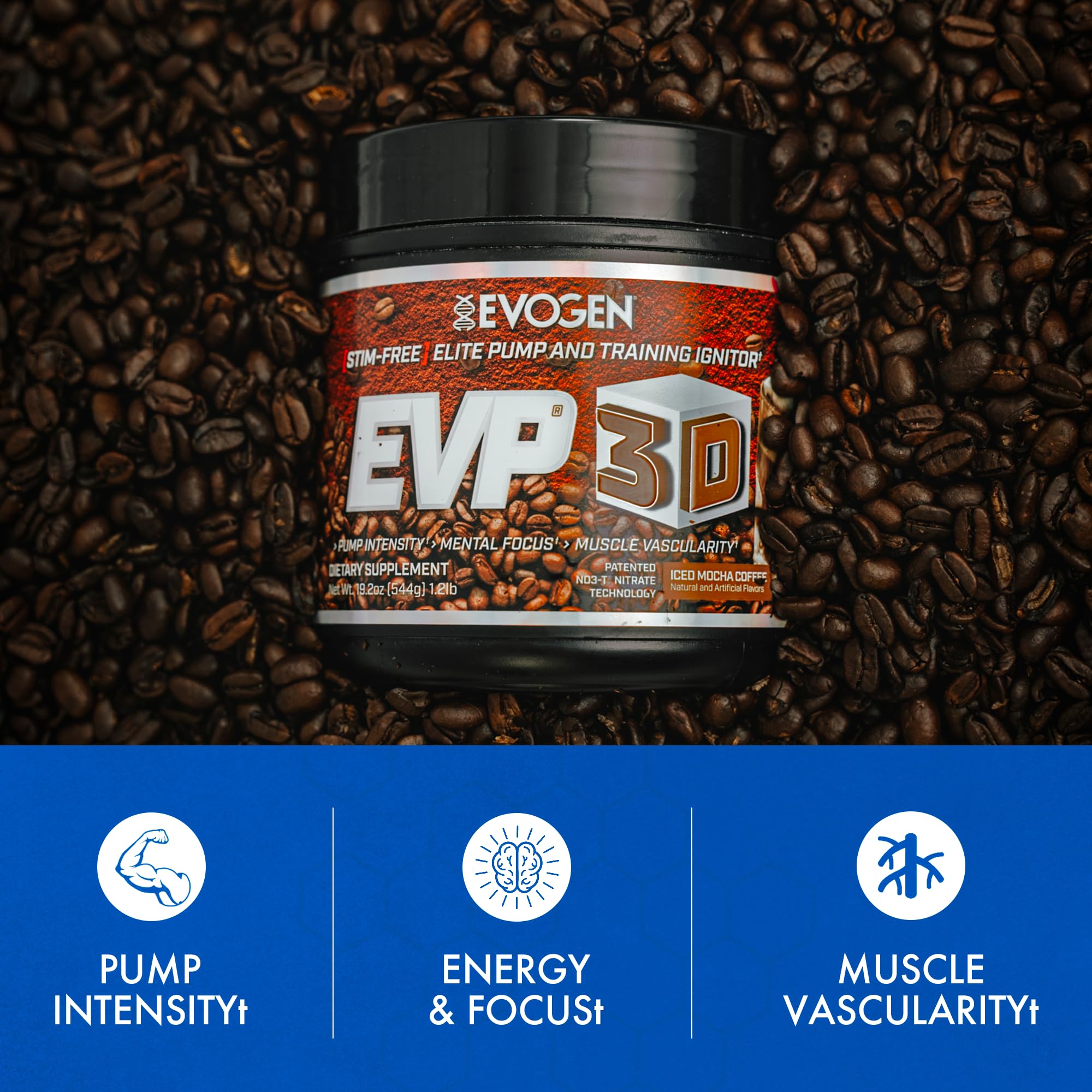 Etiqueta de Evogen EVP 3D con lista de ingredientes y beneficios visibles