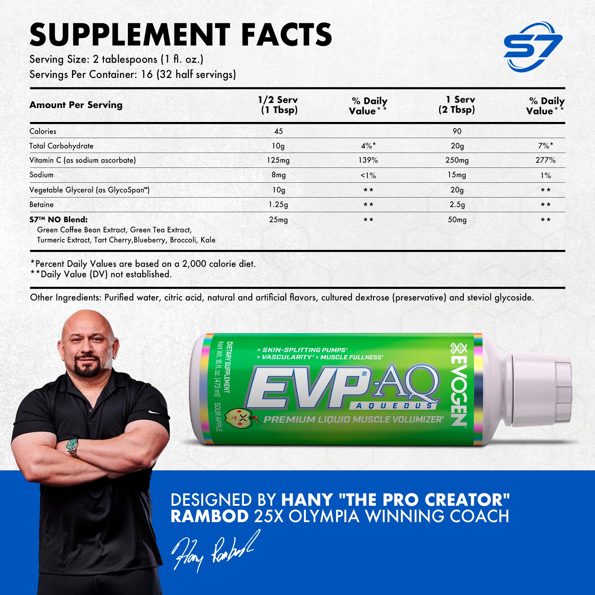 Evogen EVP AQ etiqueta de ingredientes destacando glicerol y S7 para beneficios de rendimiento