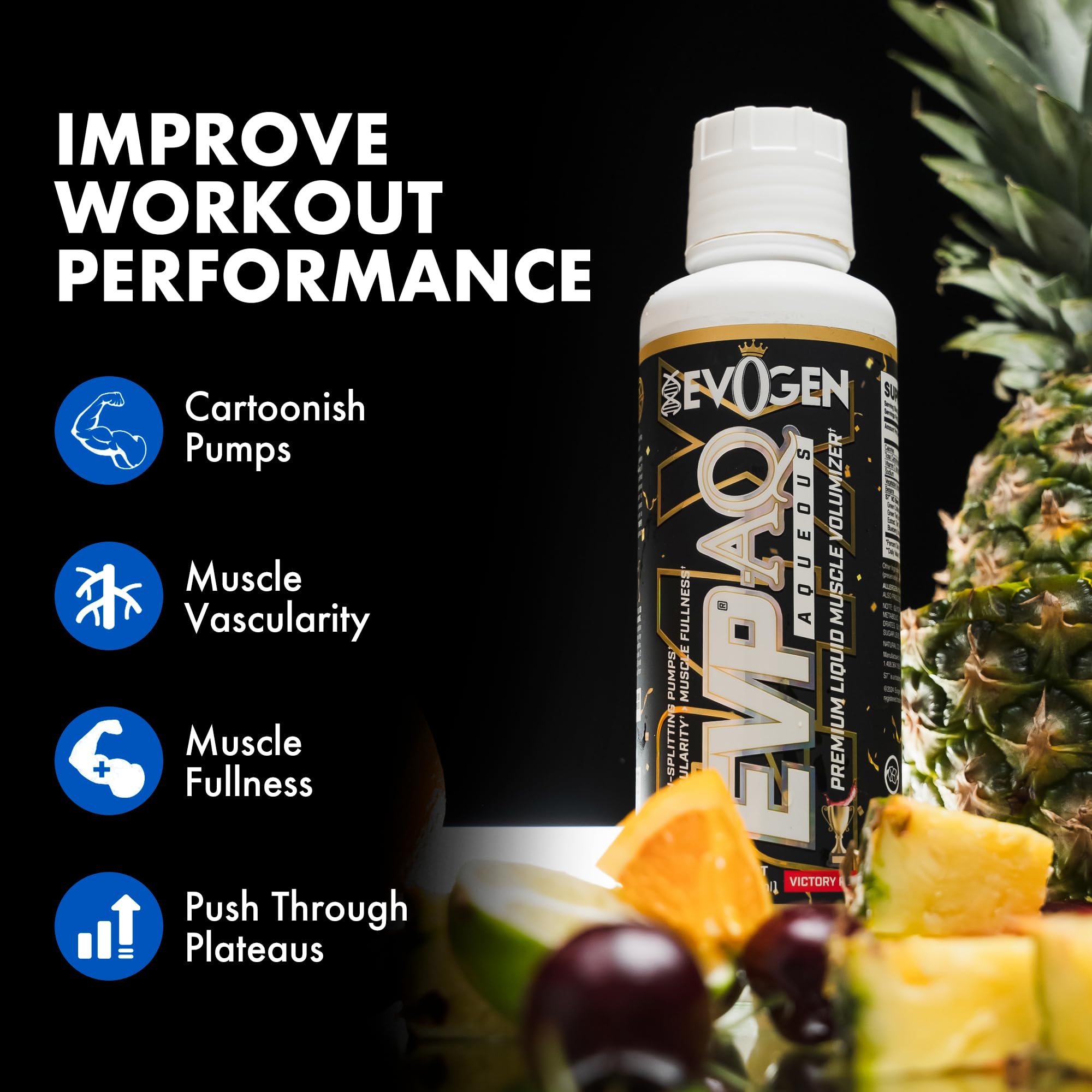 Evogen EVP AQ uso en gimnasio con mano sosteniendo botella mejora vascularidad