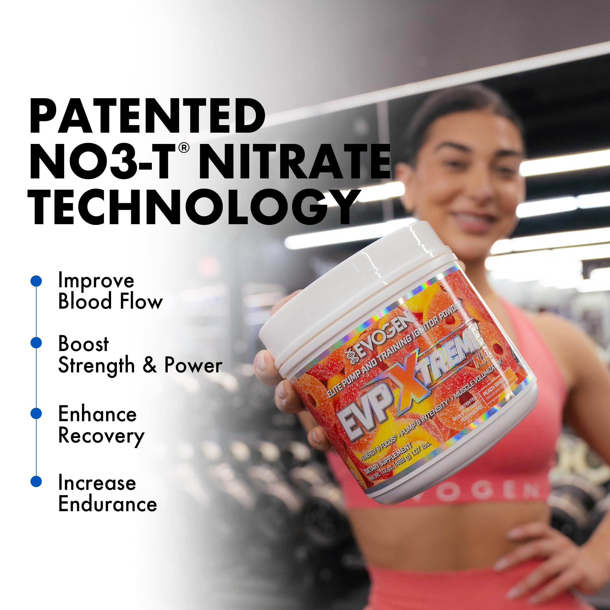 Evogen EVP Xtreme NO etiqueta de ingredientes mostrando la fórmula y beneficios clave