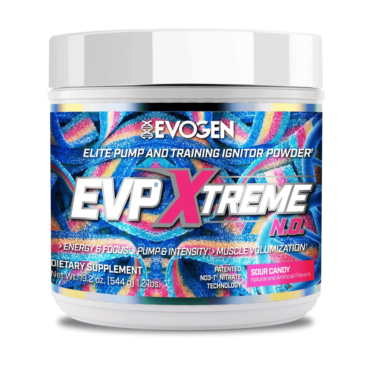 Evogen EVP Xtreme N.O. envase frontal mostrando diseño y beneficios