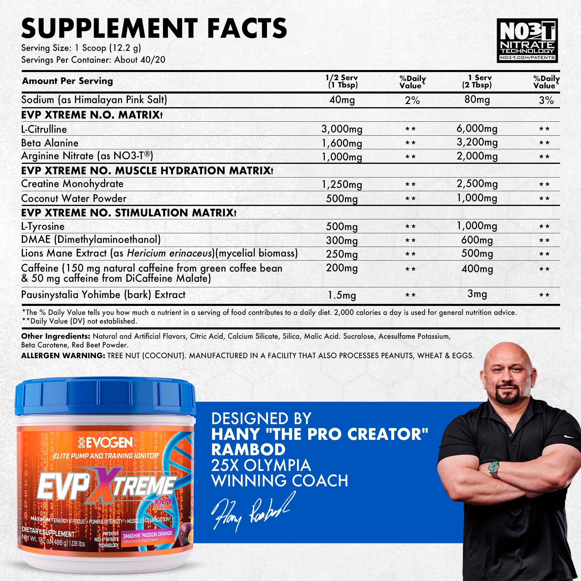 Evogen primer plano de la tapa y etiqueta destacando ingredientes