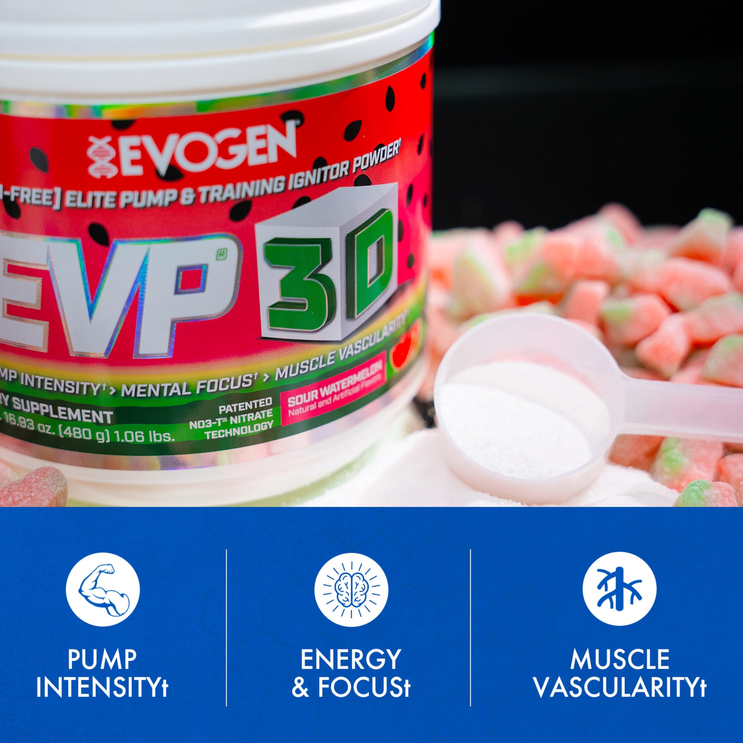 Evogen EVP 3D etiqueta con ingredientes clave y beneficios visibles