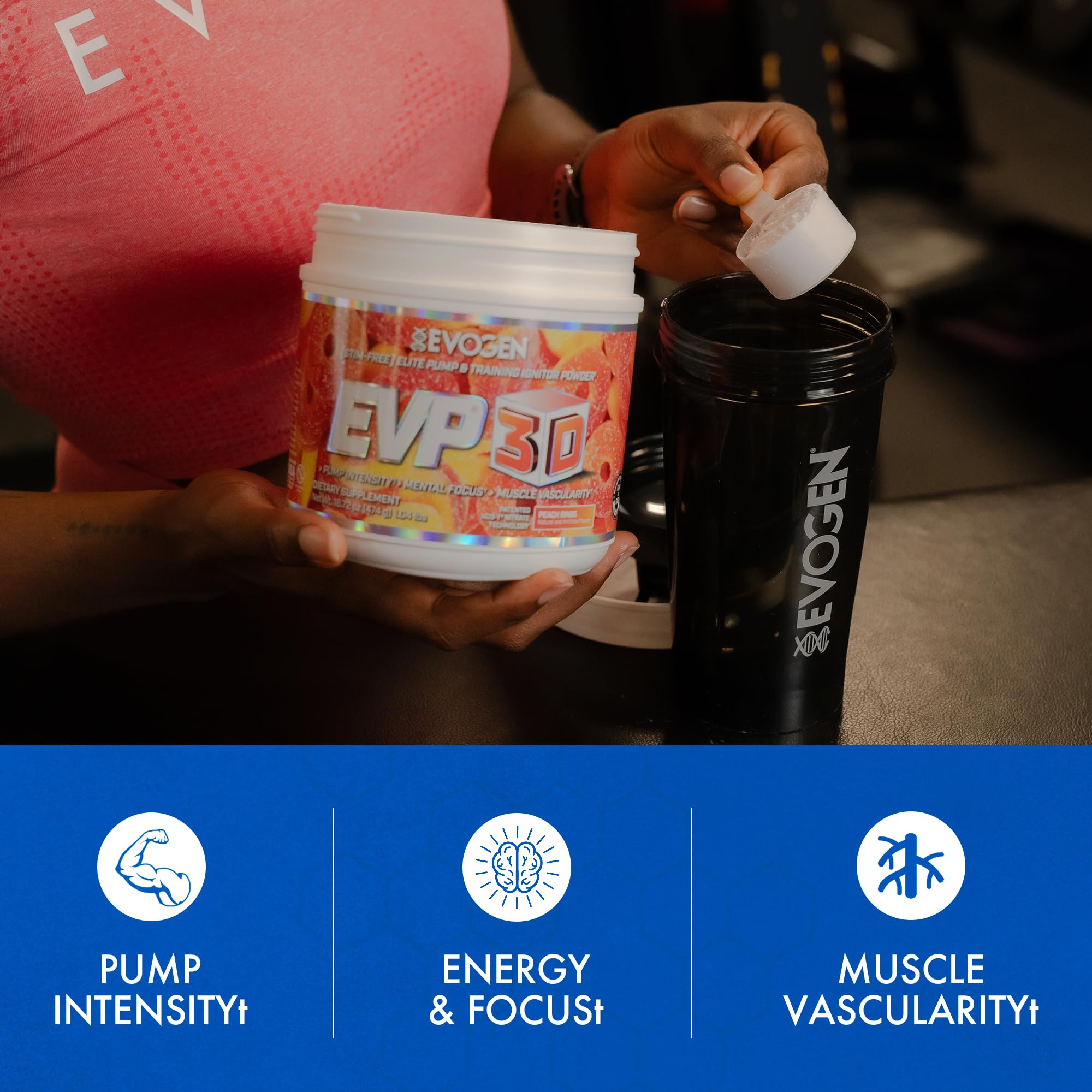 Evogen EVP-3D vaso mezclado demostrando solubilidad y color apetecible