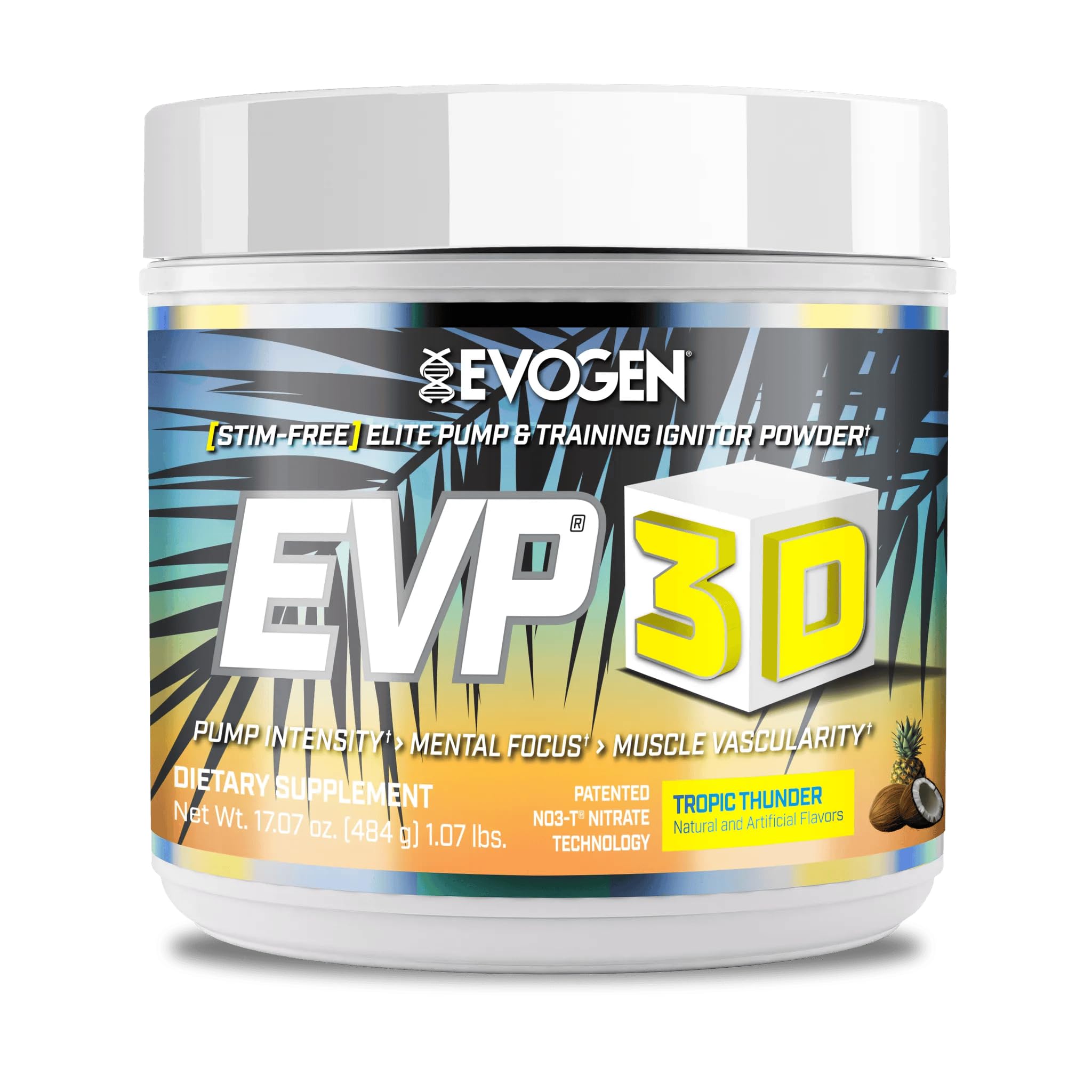 Evogen EVP 3D frente del envase mostrando sabor Tropic Thunder y diseño atractivo
