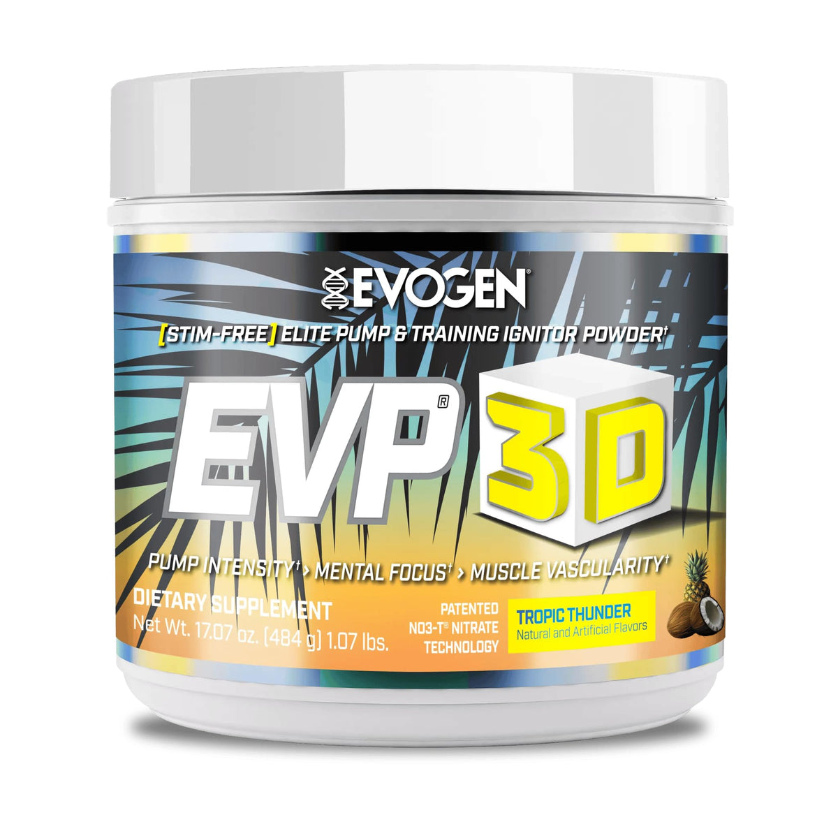 Evogen EVP 3D frente del envase mostrando sabor Tropic Thunder y diseño atractivo