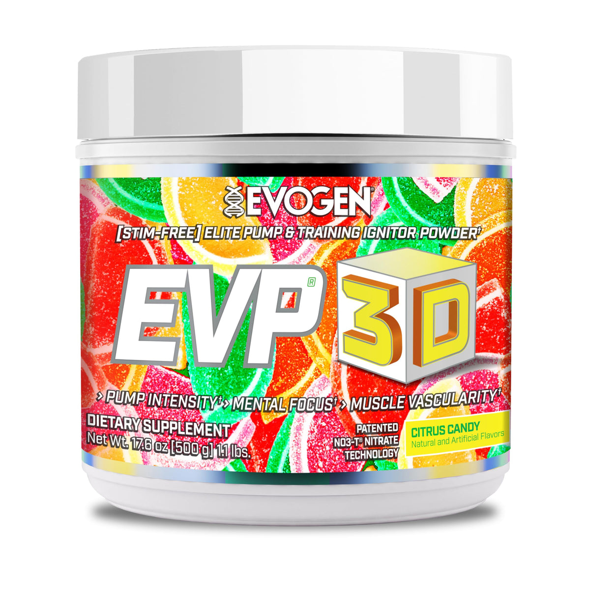 Envase Evogen EVP 3D frontal mostrando etiqueta y sabor Citrus Candy