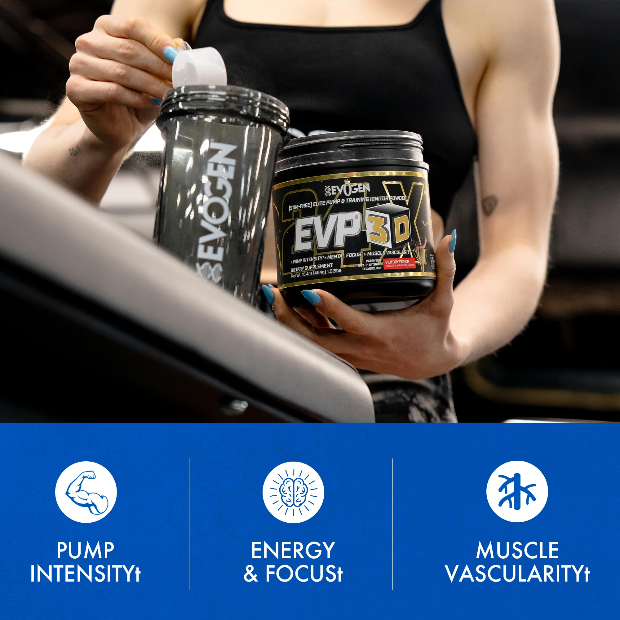 Vaso con batido EVP 3D mezclado, Evogen muestra solubilidad y sabor apetecible