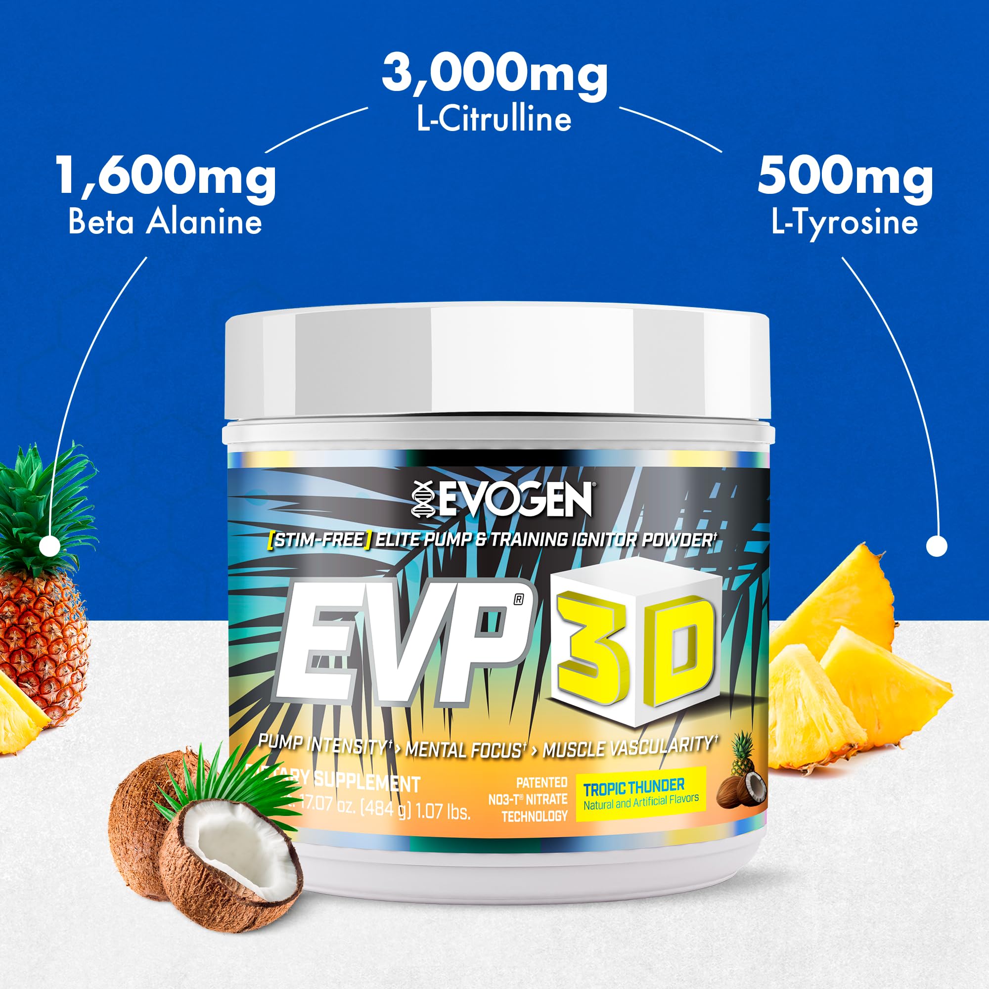 Evogen EVP 3D envase abierto con scoop mostrando 40 servicios disponibles