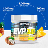 Evogen EVP 3D envase abierto con scoop mostrando 40 servicios disponibles
