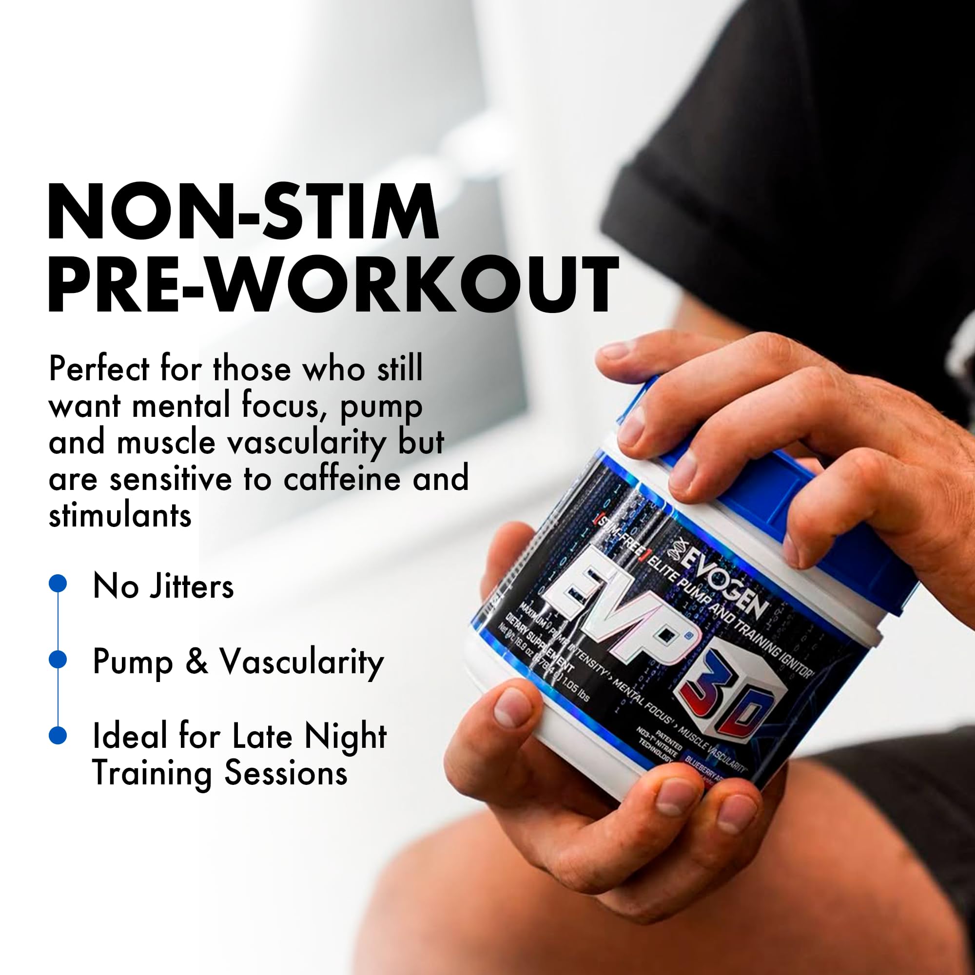 Evogen vaso con preworkout mezclado listo para beber, beneficio energía sin cafeína
