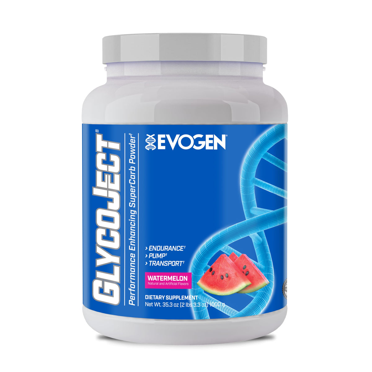 Evogen GlycoJect frontal del envase muestra sabor sandía y beneficios energéticos