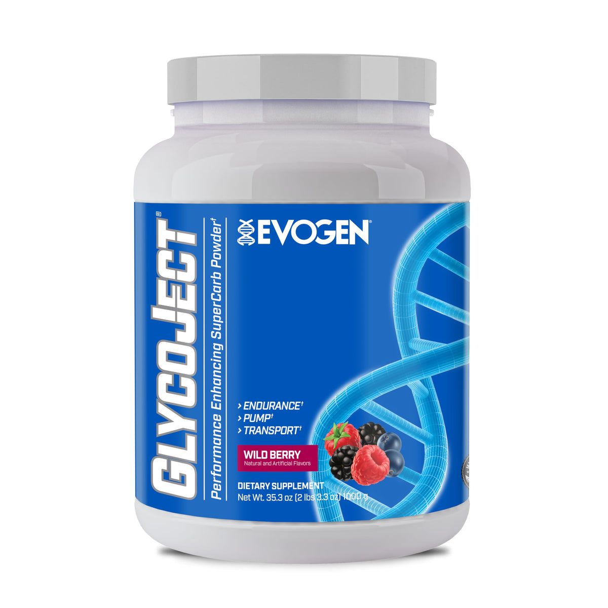 Evogen GlycoJect frente del envase mostrando etiqueta y sabor Wild Berry para energía rápida