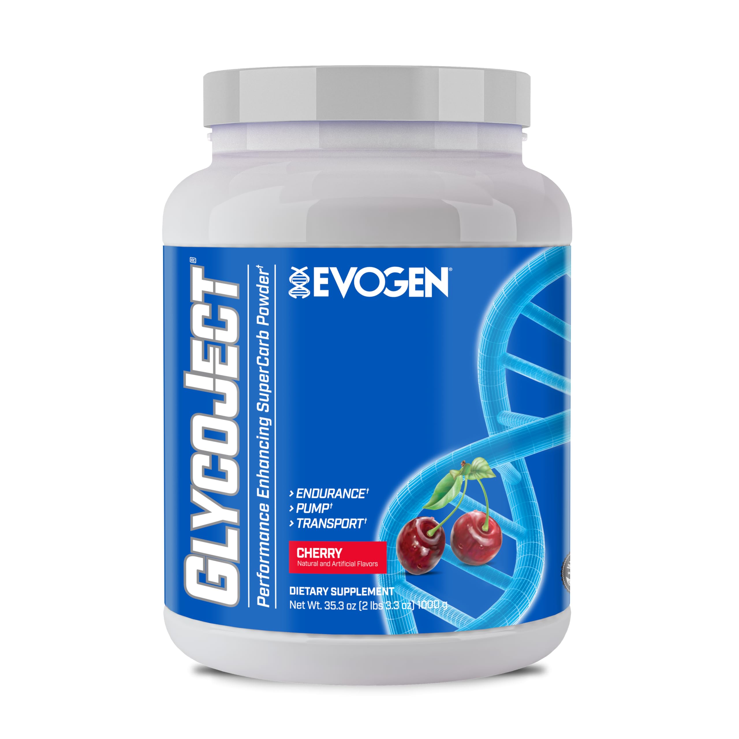 Evogen GlycoJect frontal bote abierto mostrando etiqueta y sabor cereza, ideal para rendimiento