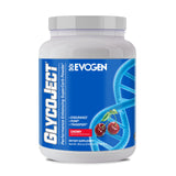 Evogen GlycoJect frontal bote abierto mostrando etiqueta y sabor cereza, ideal para rendimiento