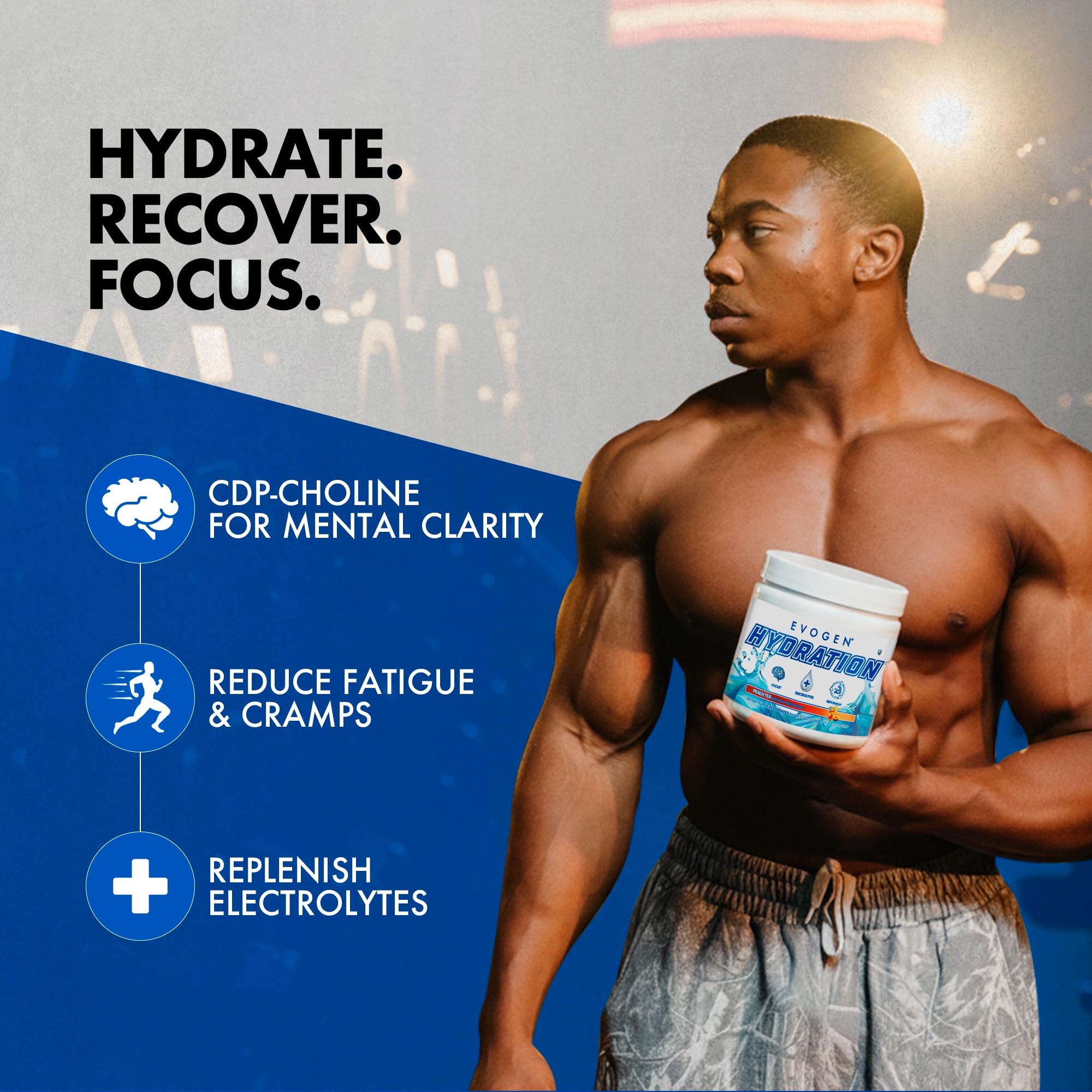 Evogen Hydration comparación de tamaño del envase junto a una botella para referencia de porciones