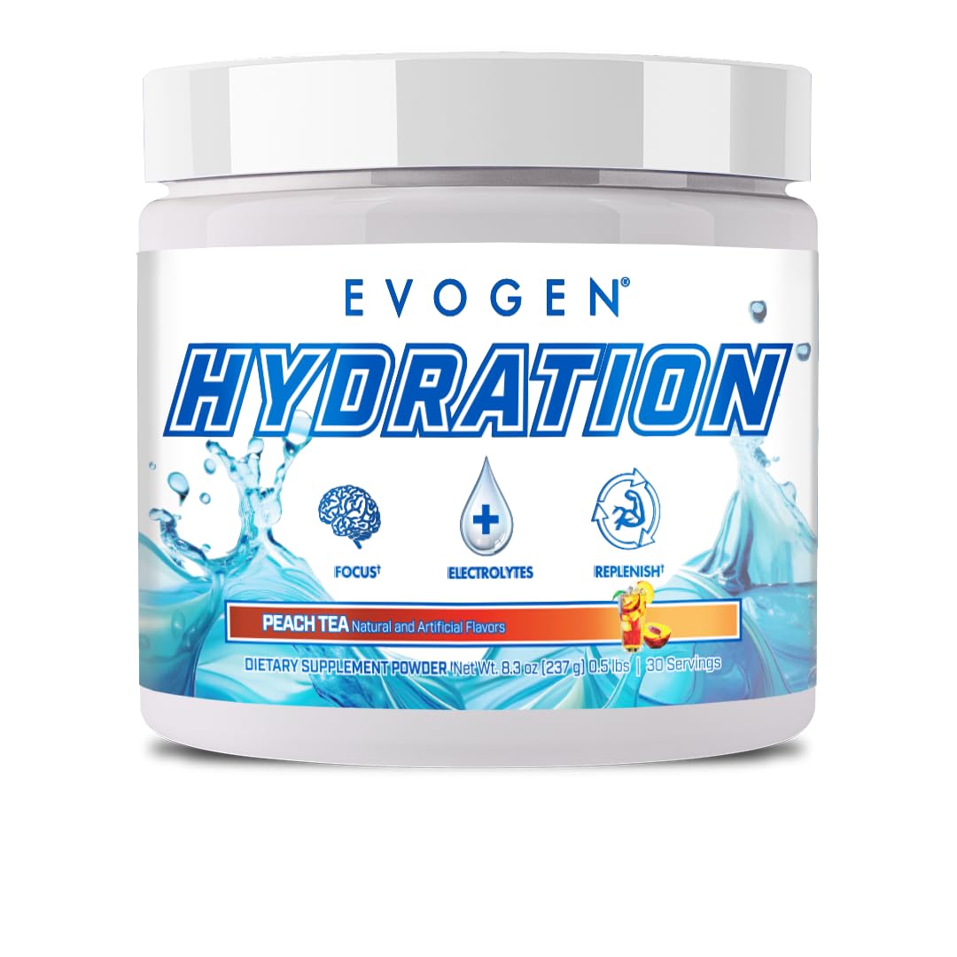 Evogen Hydration frente del envase mostrando diseño y sabor Peach Tea para identificación rápida