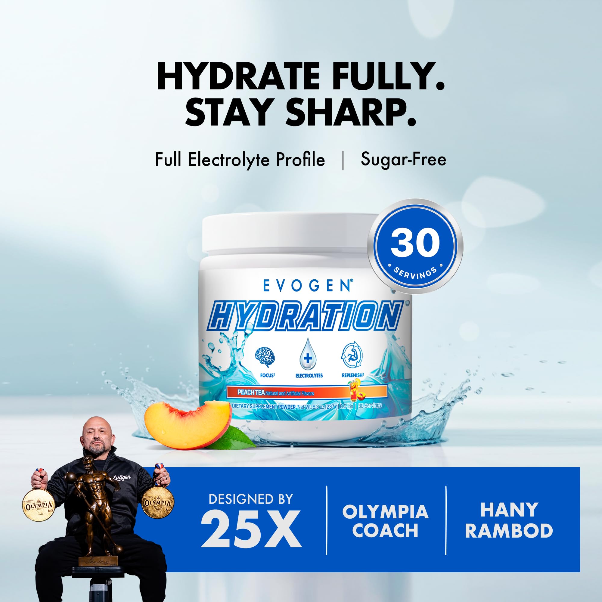 Evogen Hydration textura del polvo en primer plano destacando disolución y mezcla fácil