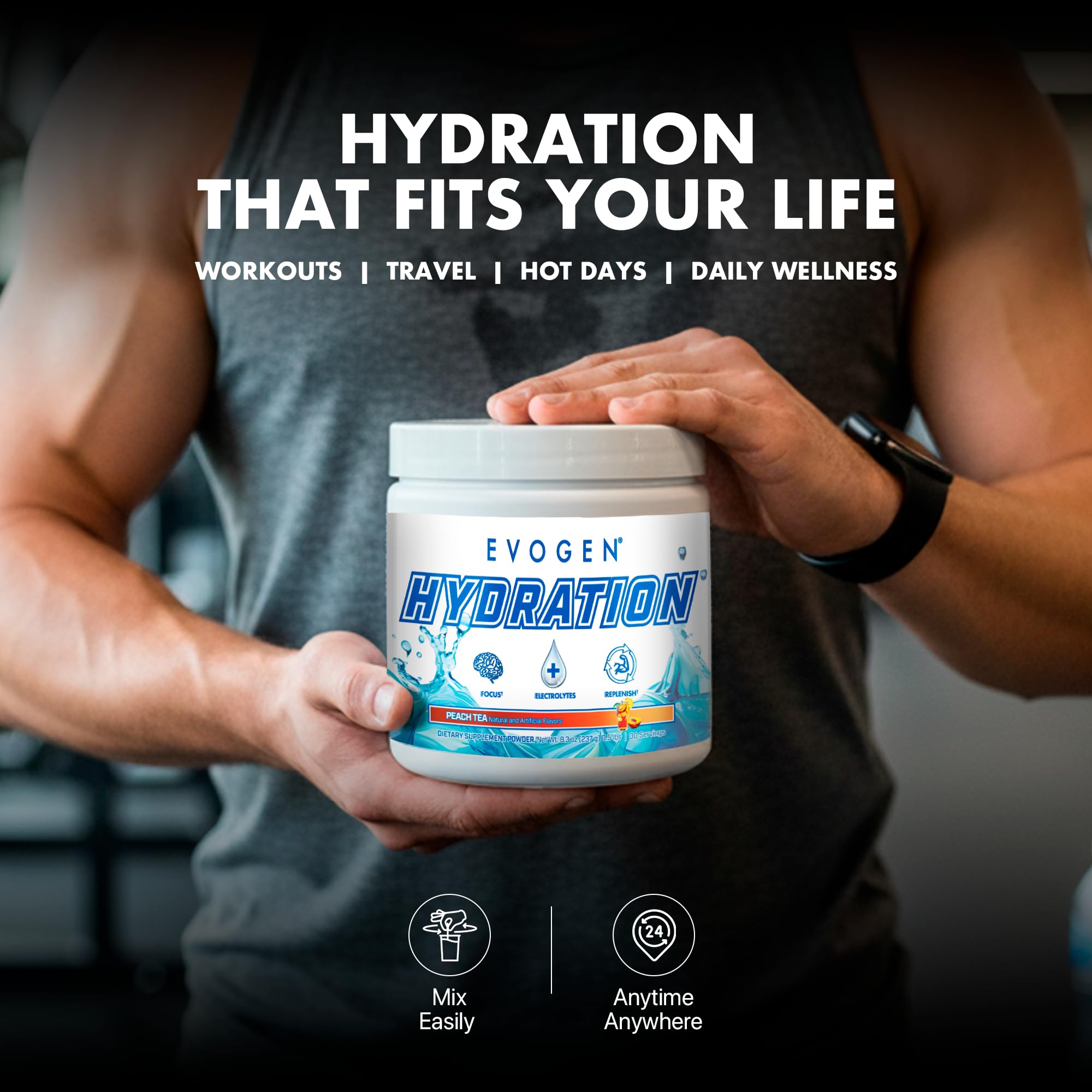 Evogen Hydration lifestyle al aire libre persona disfrutando bebida para energía y recuperación