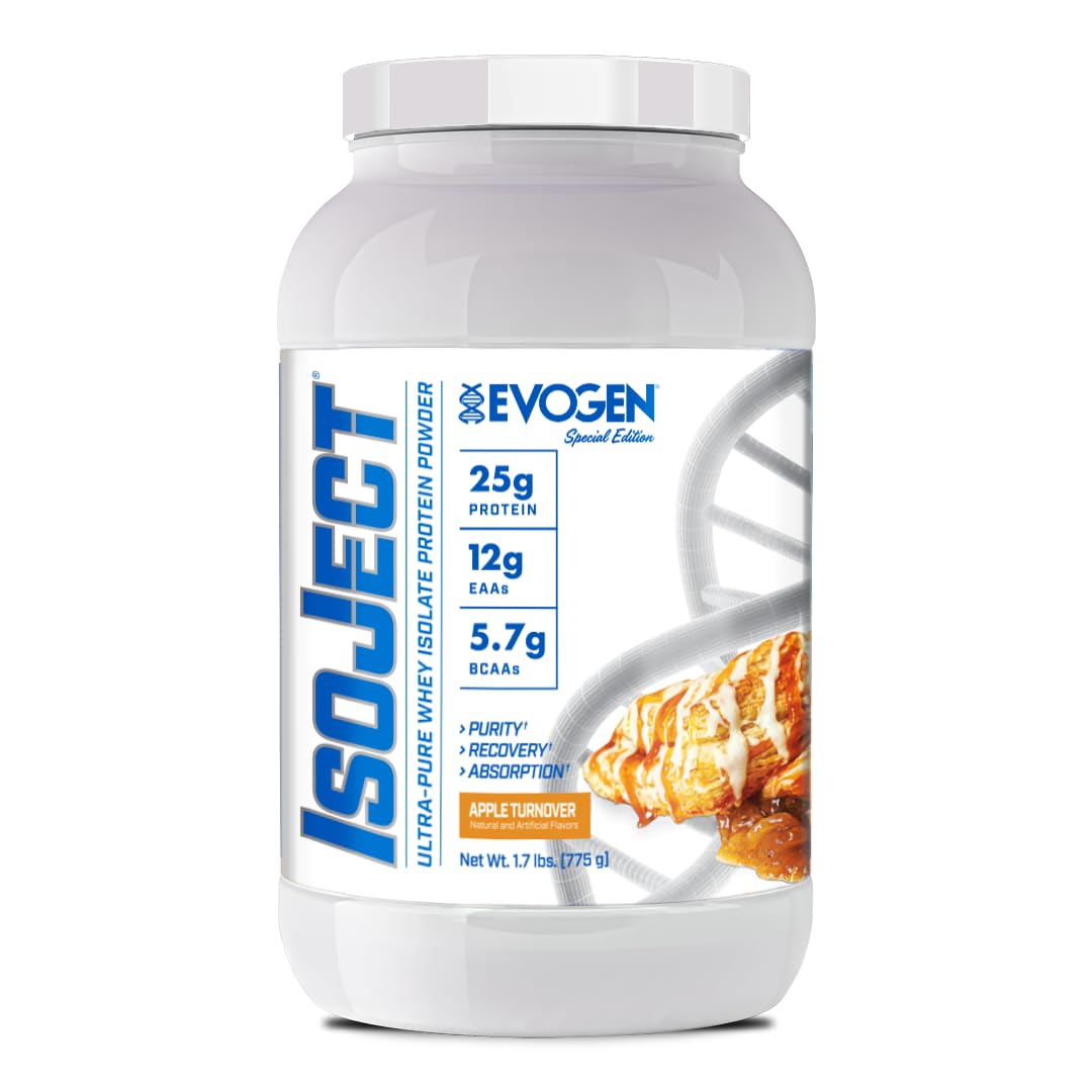 Evogen Isoject envase frontal mostrando diseño y sabor Apple Turnover, beneficio claridad proteica