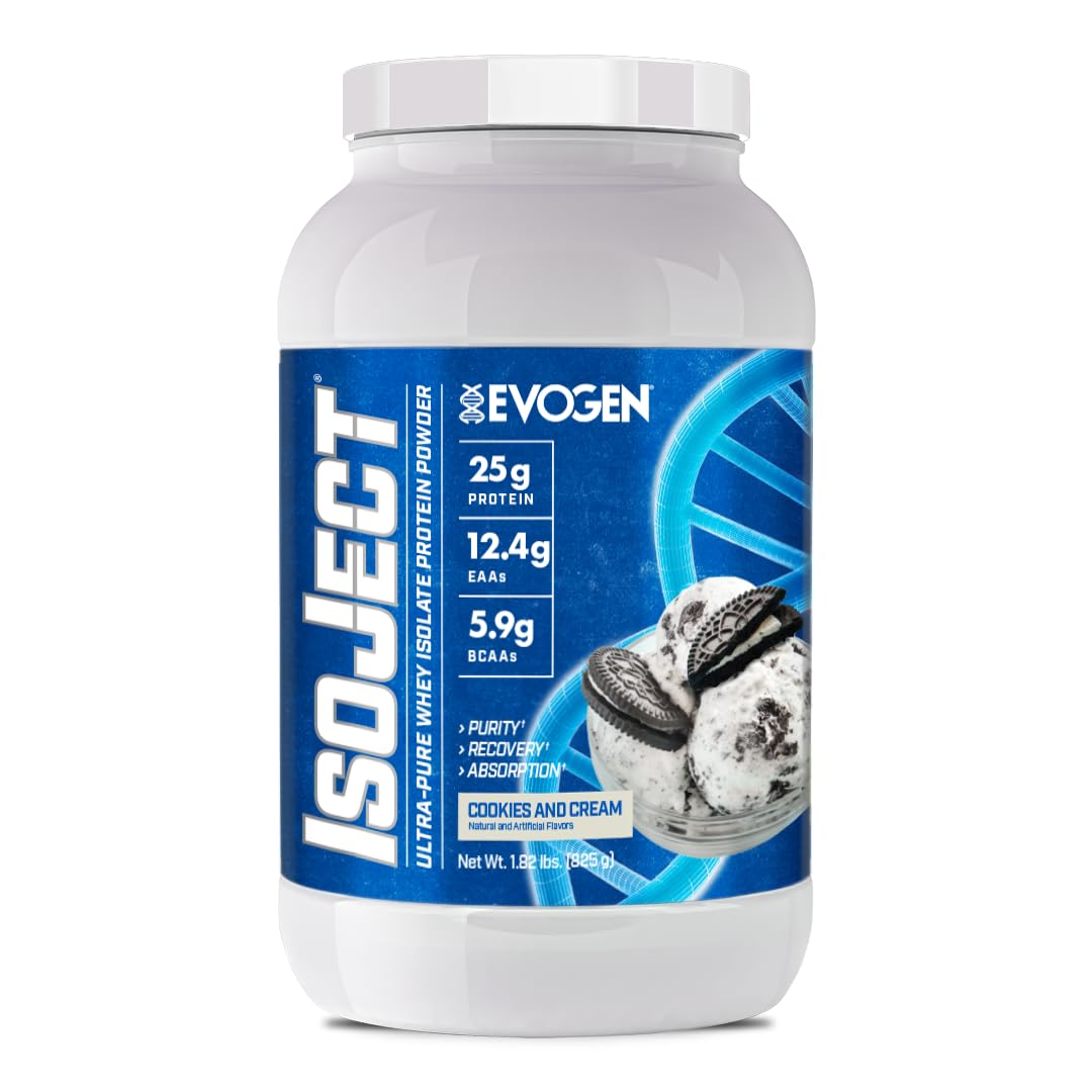 Evogen Isoject vista frontal del envase mostrando diseño y sabor Cookies and Cream, conveniencia visual