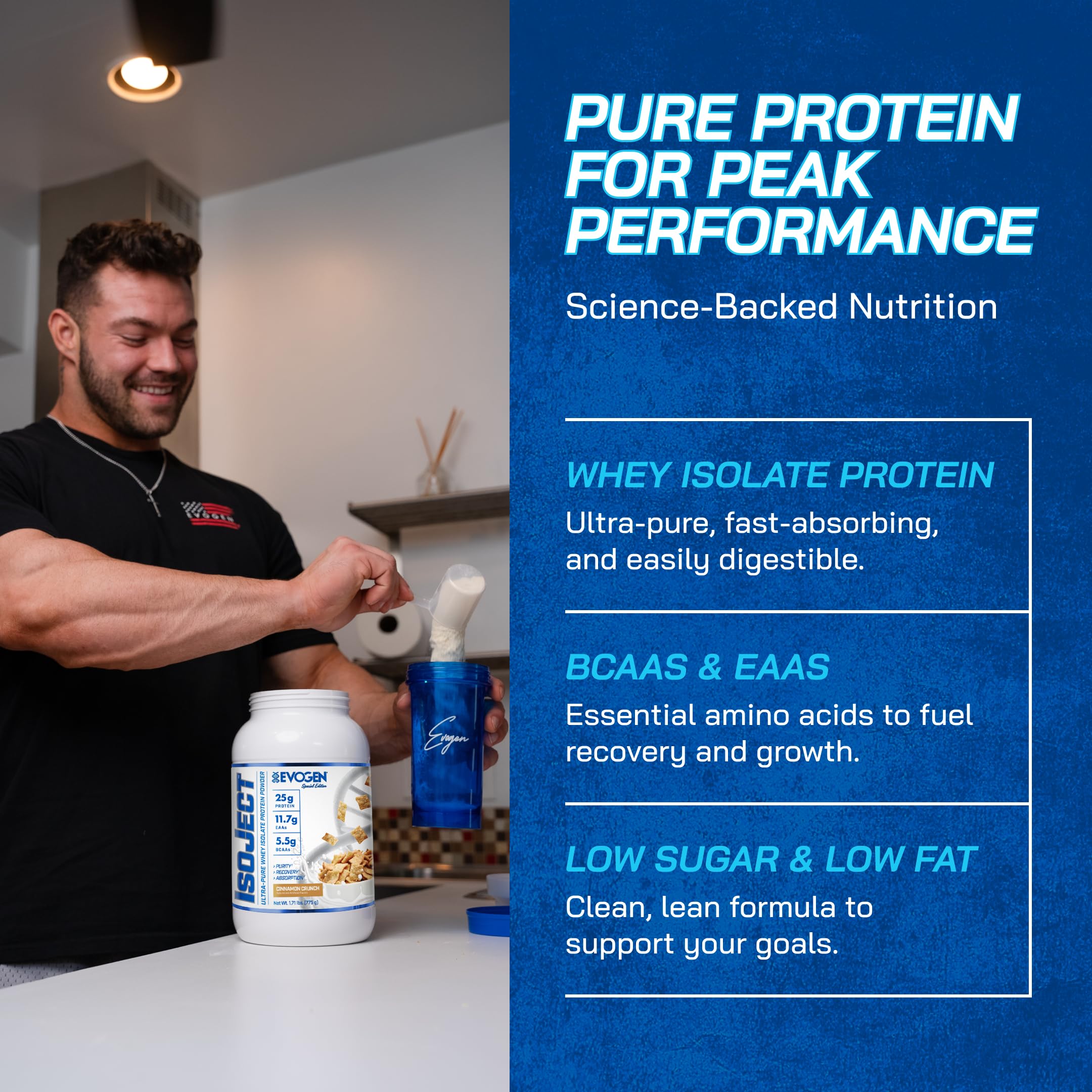 Evogen Isoject polvo mezclado en vaso, beneficio: disolución rápida y sabor agradable