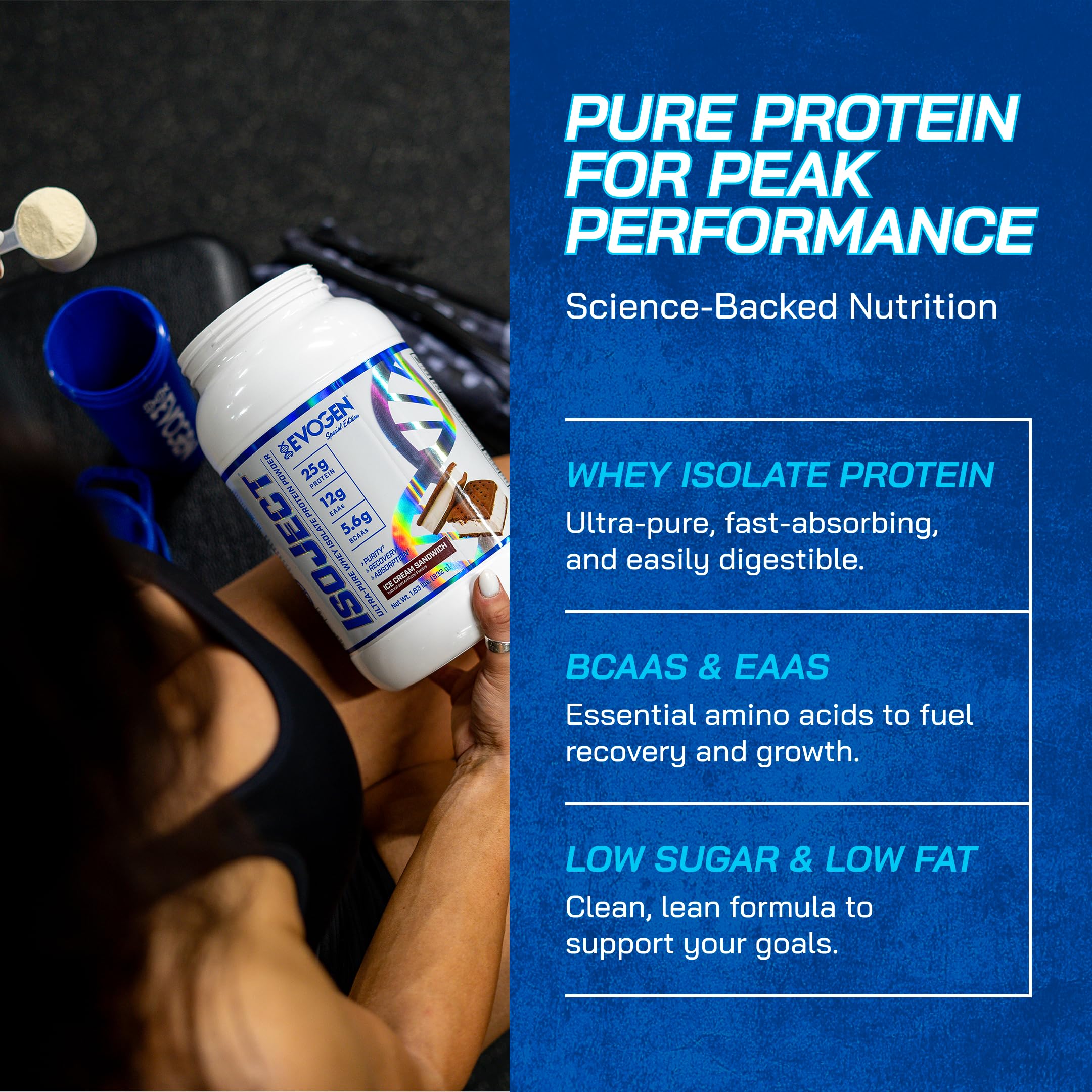 Evogen Isoject batido servido en vaso demostrando mezcla sin grumos