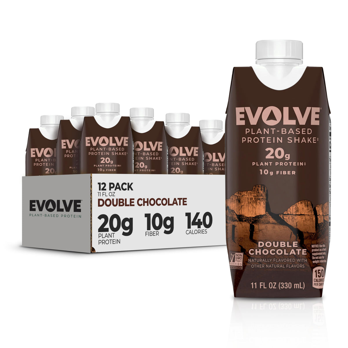 Evolve batido Doble Chocolate vista frontal mostrando envase y marca, ideal para consumo rápido