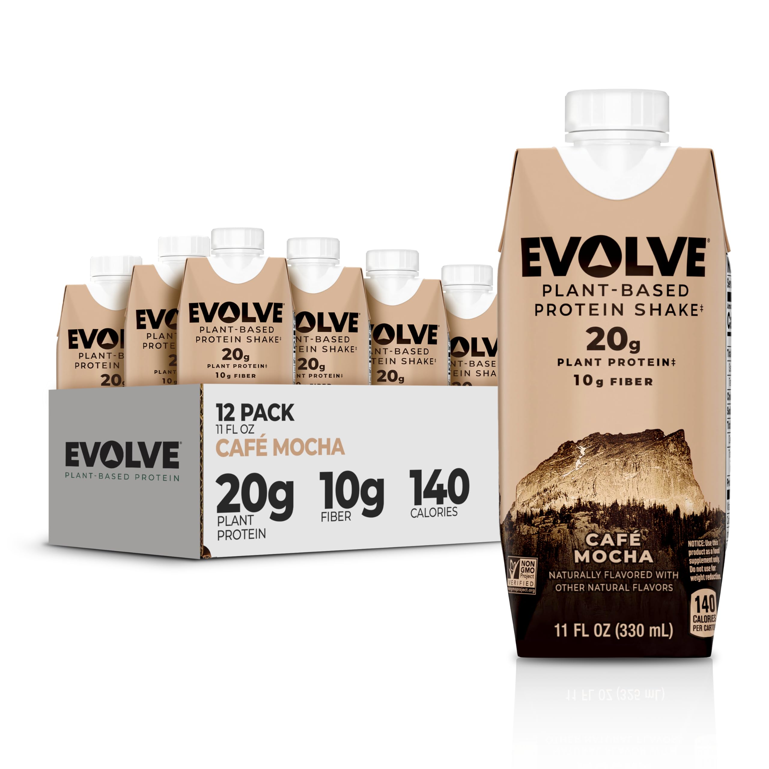 Evolve batido frente del envase mostrando sabor café mocha y conveniencia