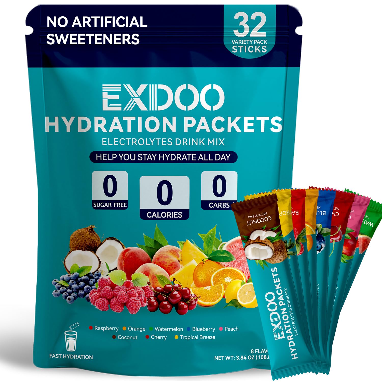 exdoo frente del paquete mostrando 32 sticks y variedad de sabores para hidratación rápida