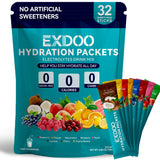 exdoo frente del paquete mostrando 32 sticks y variedad de sabores para hidratación rápida